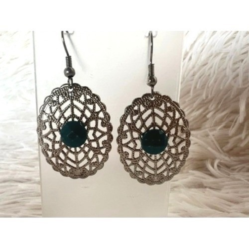 Filigree Drop Earrings Silver Teal Boho Feminine Delicate Boho Dangle Web Hippie